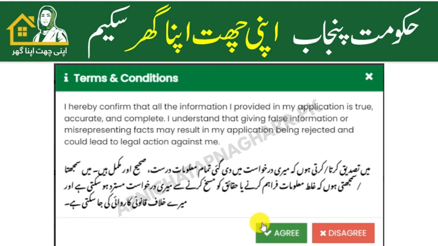 Apni Chat Apna Ghar terms and conditions agreement with confirm statement in English and Urdu and Agree Disagree buttons