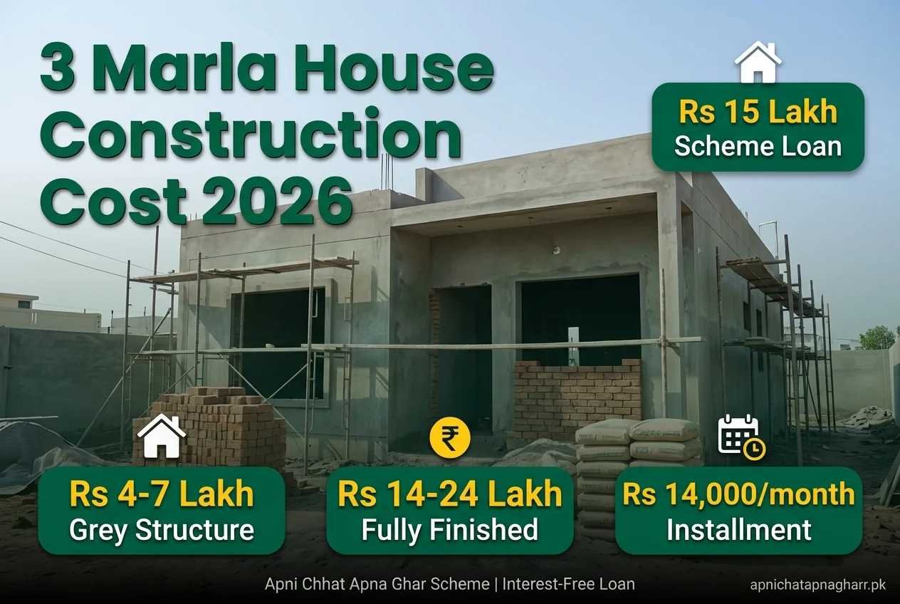 3 marla house construction cost Pakistan 2026 infographic showing grey structure 4 to 7 lakh rupees fully finished 14 to 24 lakh rupees scheme loan 15 lakh rupees and monthly installment 14000 rupees with house construction background apnichatapnagharr.pk
