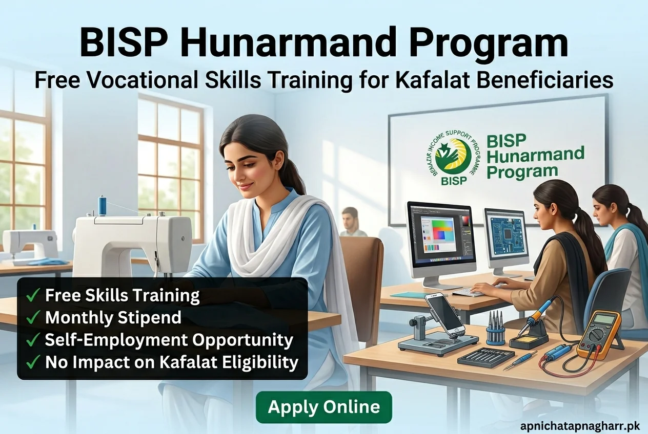 BISP Hunarmand Program 2026 feature image showing Pakistani women learning tailoring at sewing machine and computer skills in bright training center with text free skills training monthly stipend self employment opportunity no impact on Kafalat eligibility apnichatapnagharr.pk