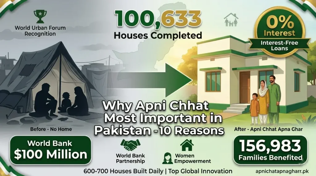 Why Apni Chhat Apna Ghar scheme is most important in Pakistan feature image showing before after transformation from katchi abadi to modern house with key statistics 100633 houses 0 percent interest World Bank 100 million dollars 156983 families and 600 to 700 houses built daily apnichatapnagharr.pk